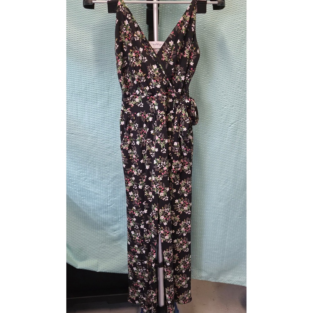 Kaileigh Floral Jumpsuit Women Small Black Polyester Wrap Sleeveless Summer Boho